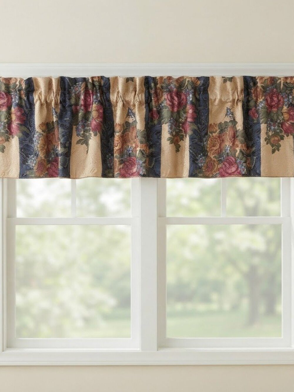 Vintage JC Penney Curtain Valances Heavy Tapestry Blue Beige Floral Stripe PAIR